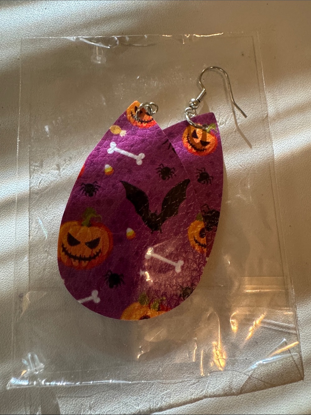 2.25” Purple Halloween Pumpkin & Bat Teardrop Earrings